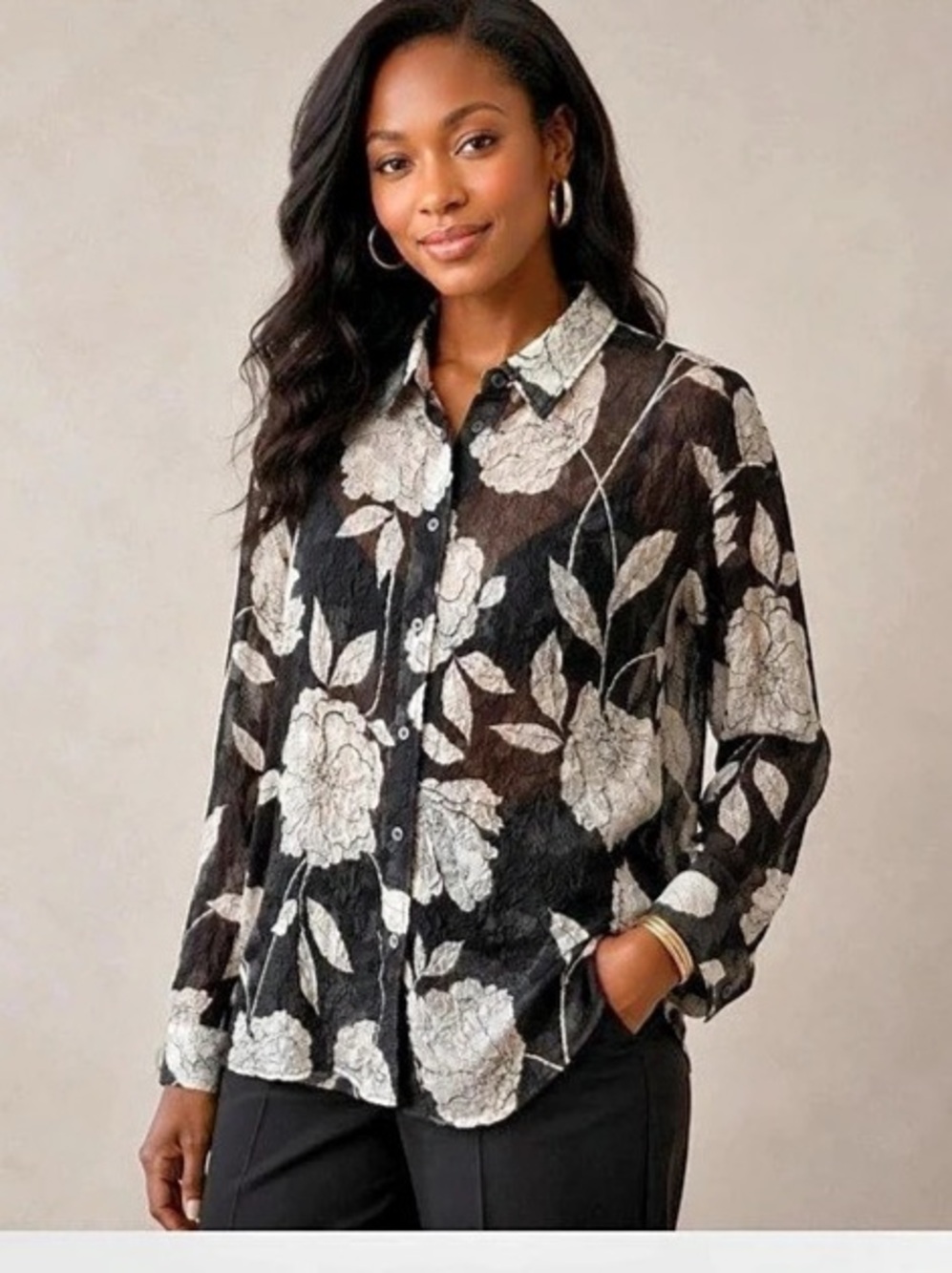 Bailey/44 Dark Romantic Floral Semi Sheer Button Down Like New